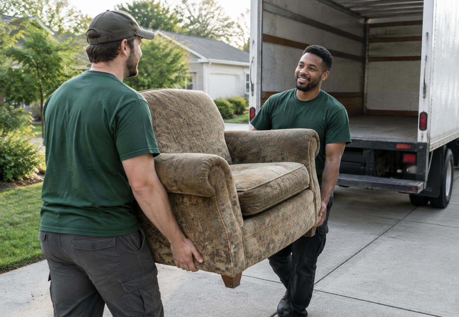 Two crew members carrying an old armchair to a truck